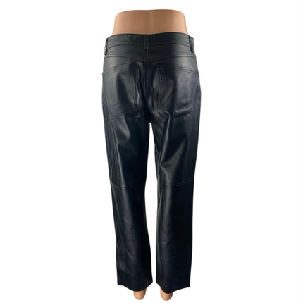 MNG Mango Womens Black Faux Vegan Leather High Waist Straight Trousers Pants 38