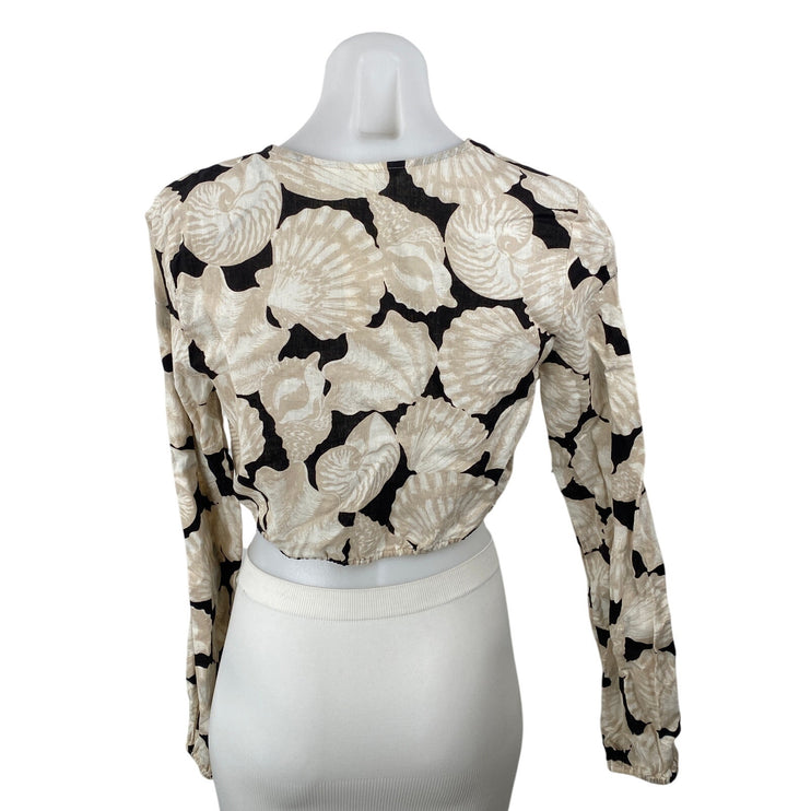 NEW H&M Beige Black Linen Seashells Print Long Sleeve Twist Front Crop Top Sz S