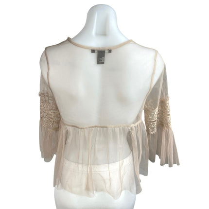 Forever 21 Tan Floral Lace Mesh Sheer Long Sleeve See Trough Blouse Top Size S