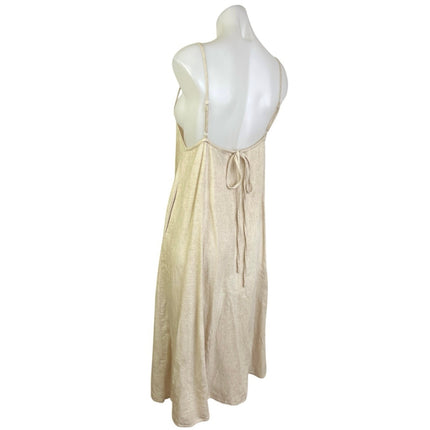 Women's Beige Linen Sleeveless Cami Camisole Spaghetti Strap Midi Slip Dress S