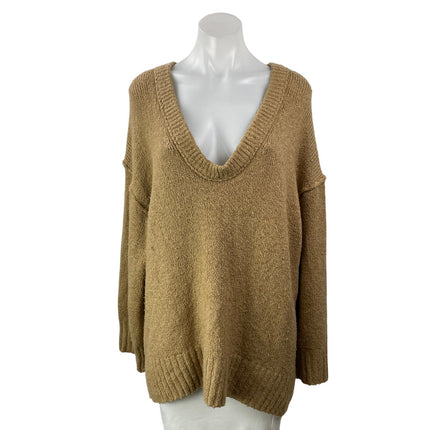 Free People Brookside Beige Tan Deep V Neck Long Sleeve Tunic Sweater Top Size M