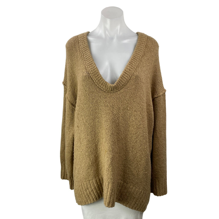 Free People Brookside Beige Tan Deep V Neck Long Sleeve Tunic Sweater Top Size M