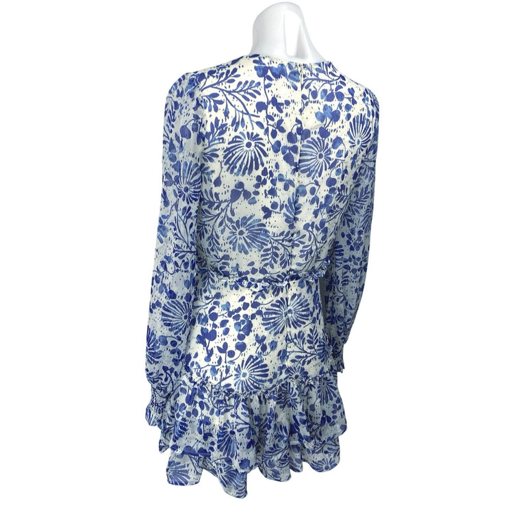Aqua Blue White Floral Long Sleeve Ruffle Flounce Blouson Mini Dress Size S