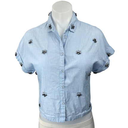 Zara Women's Basic Blue Beaded Rhinestone Chambray Button Down Shirt Top Size XS