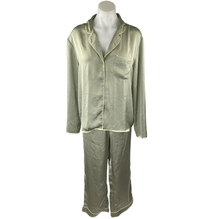 Topshop Women's Green Silk Satin Long Sleeve Button Down Pajama Set Size 8/10