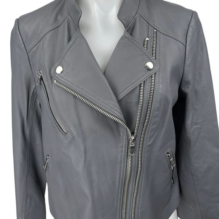 Joie Casella Women's Gray Lamb Leather Asymmetric Zip Moto Biker Coat Jacket L