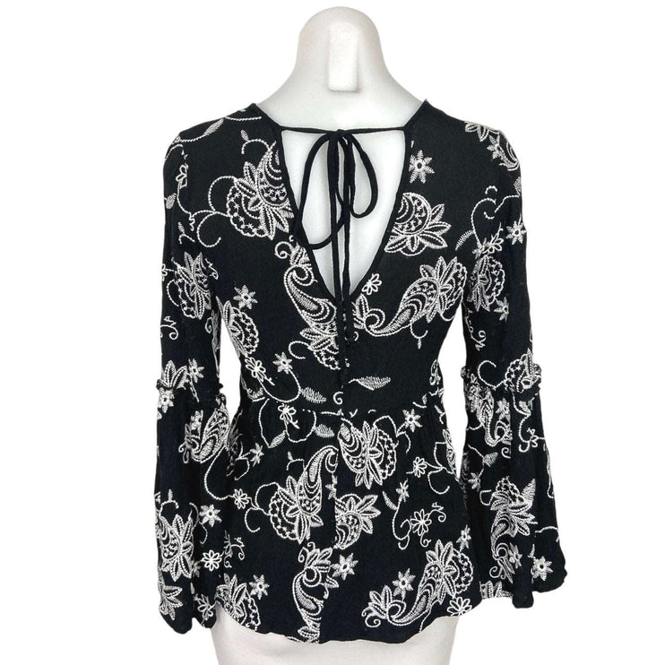 Altar'd State Black White V Neck Floral Tie Back Bell Sleeve Blouse Top Size XS