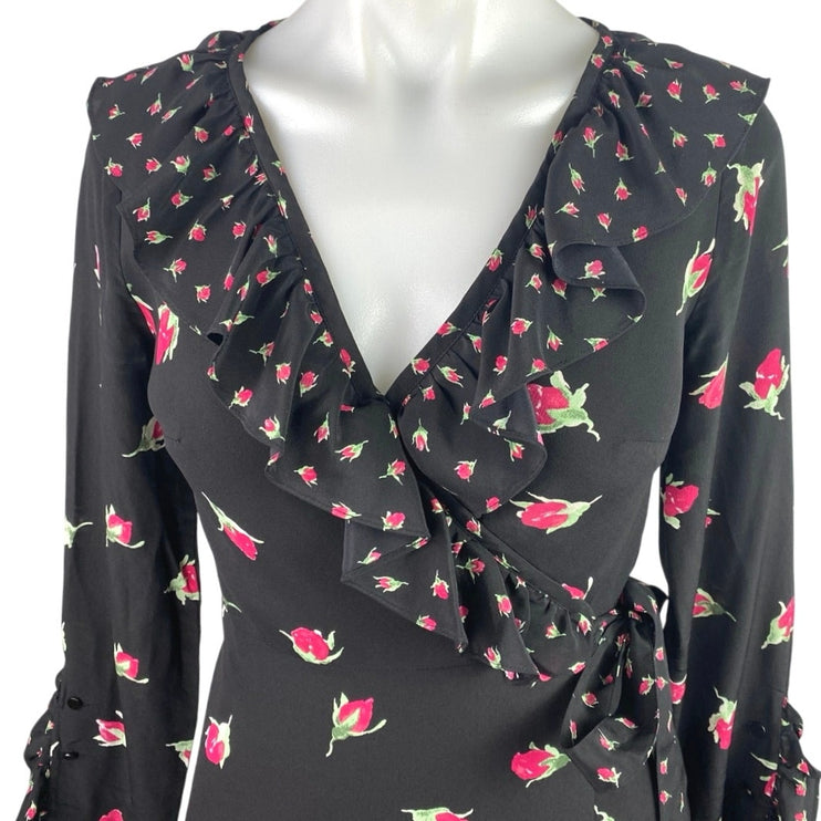 Club Monaco 100% Silk Black Floral Ruffle Long Sleeve V-Neck Mini Wrap Dress 0