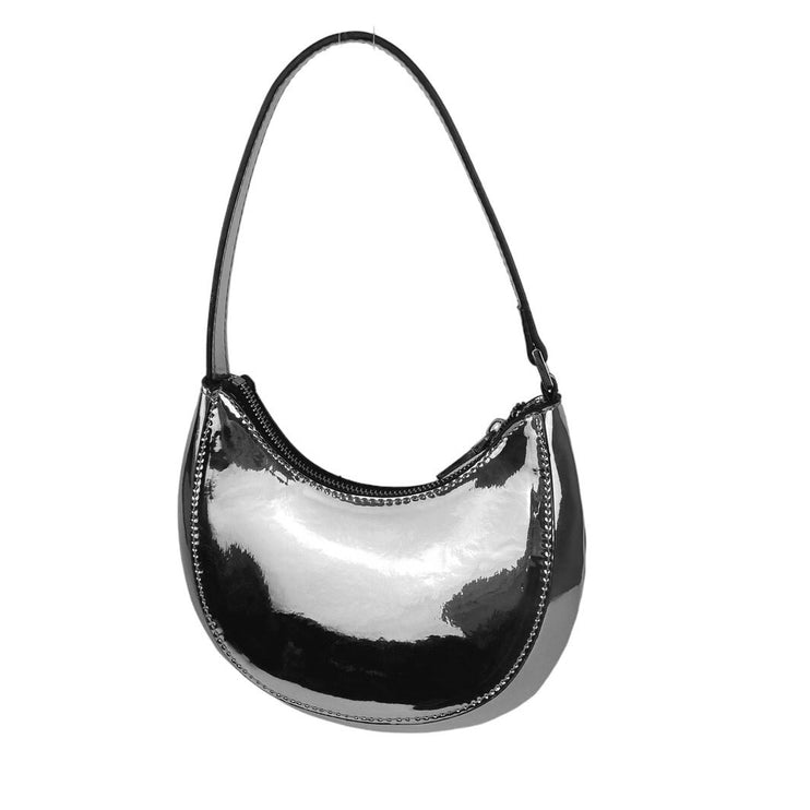 MNG Silver Metallic Faux Leather Zip Party Chic Rave Curve Oval Short Handle Bag