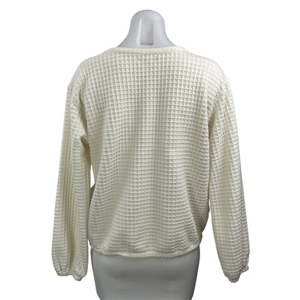 Max Studio Women's Cream Waffle Knit Long Sleeve V Neck Tie Blouse Top Size S