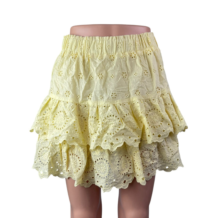 Ann Taylor LOFT Yellow Floral Eyelet Embroidered Ruffle Tiered Mini Skirt Size S