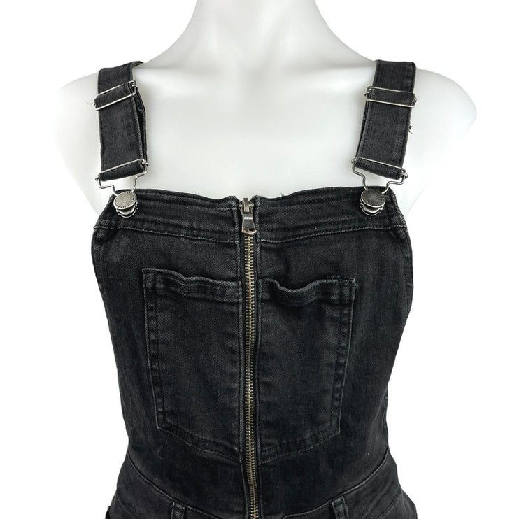 ZARA Black Denim Dungarees Zip Front Flared Raw Hem Jean Overalls Jumpsuit Sz M