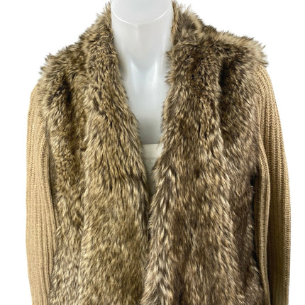 Zara Women's Brown Tan Wool Alpaca Faux Fur Long Sleeve Open Cardigan Sweater M