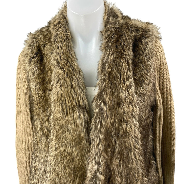 Zara Women's Brown Tan Wool Alpaca Faux Fur Long Sleeve Open Cardigan Sweater M