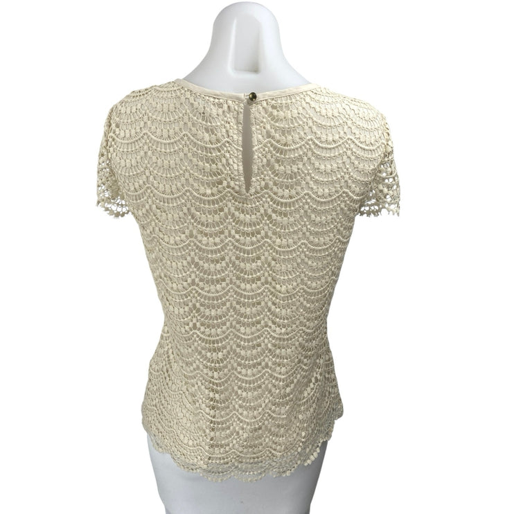 Banana Republic Cream Beige Crochet Lace Short Sleeve Crew Neck Blouse Top Sz 4