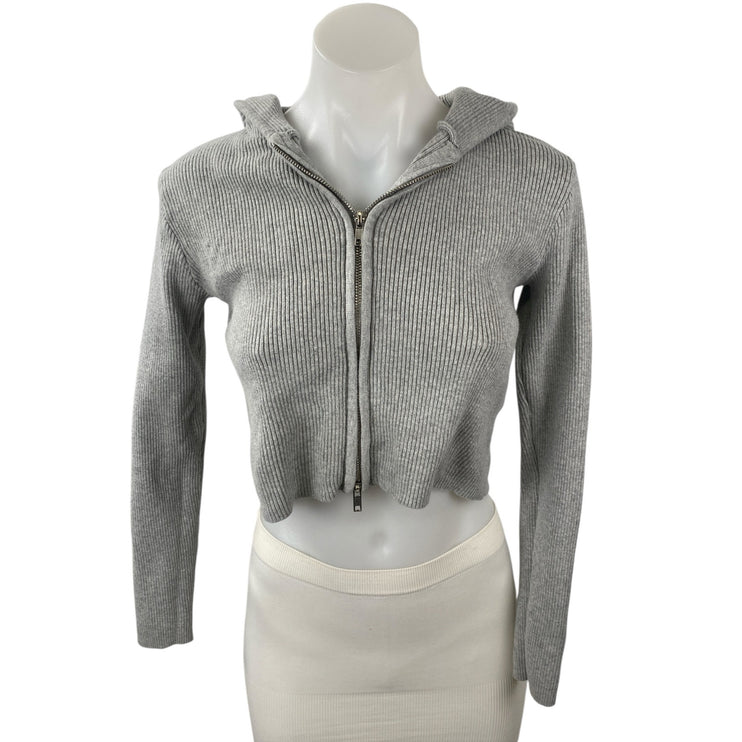 Brandy Melville Women's Gray Ribbed Knit Full Zip Crop Hoodie Sweatshirt Top S