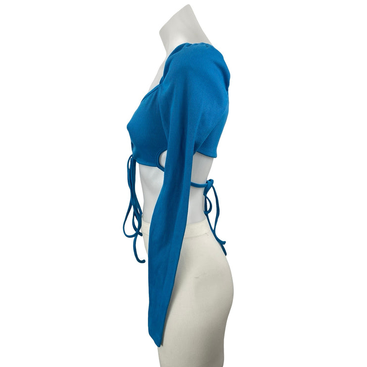 Princess Polly Blue Long Sleeve Cutout Keyhole Tie Ribbed Knit Crop Top Size 4