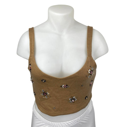 Reath & Wren Brown Tan Ribbed Knit Beaded Sleeveless Tank Cami Crop Top Size L