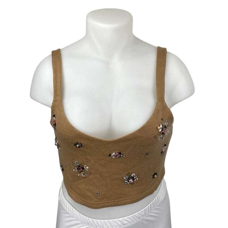 Reath & Wren Brown Tan Ribbed Knit Beaded Sleeveless Tank Cami Crop Top Size L