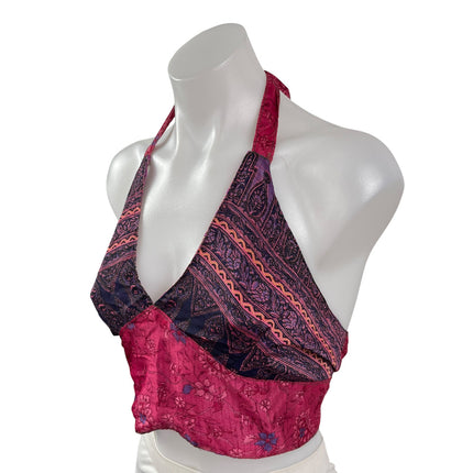 Women's Multicolor Floral Sleeveless Halter Neck Tie Bralette Crop Tank Top S/M