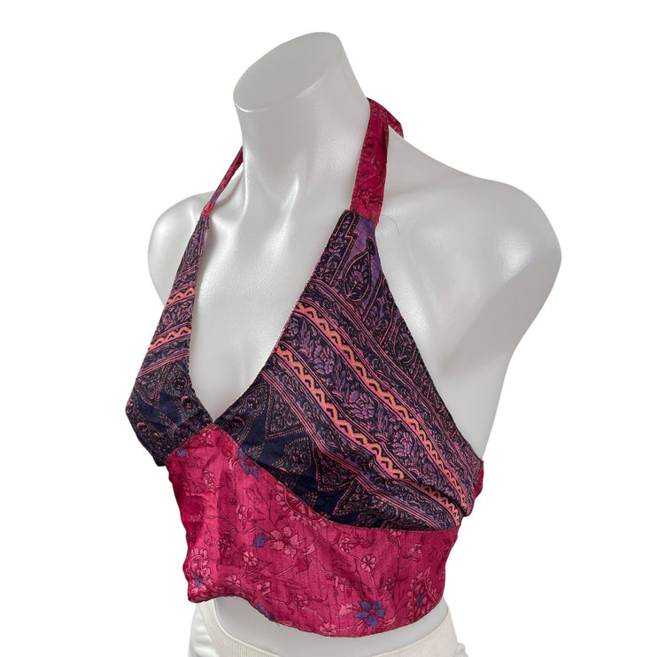 Women's Multicolor Floral Sleeveless Halter Neck Tie Bralette Crop Tank Top S/M