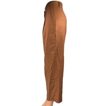 The Reset Brown Linen Pleated Straight Wide Leg Crop Trousers Dress Pants Size S