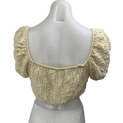 Zara Yellow Short Puff Sleeve Scoop Neck Textured Stretch Blouse Crop Top Size M
