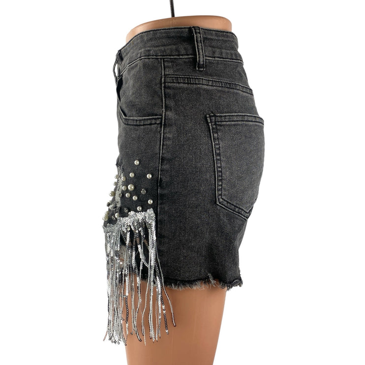 Women's Gray Distressed Pearl Rhinestone Sequin Fringe Frayed Hem Denim Shorts M