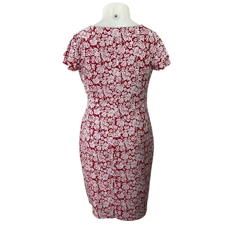 Lauren Ralph Lauren Red White Floral Flutter Sleeve Mini Faux Wrap Dress Size 12