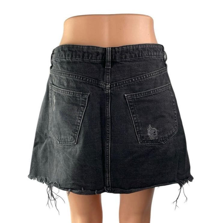 Free People Women's Black Distressed Button Fly Mini A-Line Denim Jeans Skirt 29