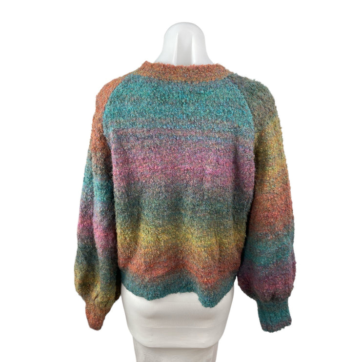 Aqua Women's Multicolor Knit Rainbow Stripe Long Sleeve Crew Sweater Top Size L