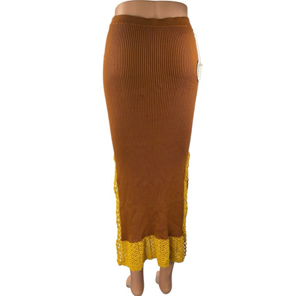 NEW Staud Oceanside Tan Gold Ribbed Knit Lace Pull On Slit Midi Skirt Size S
