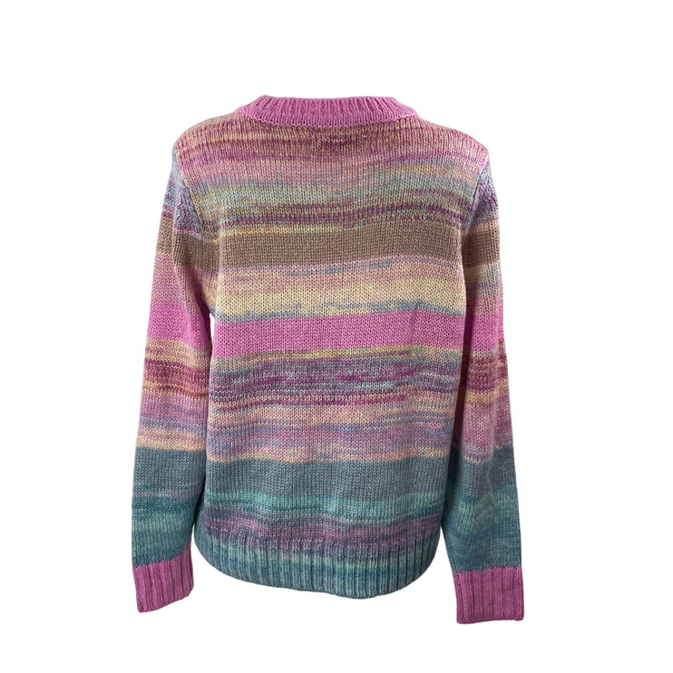 Ann Taylor LOFT Rainbow Spacedye Knit Striped Pastel Crew Neck Sweater Top Sz L