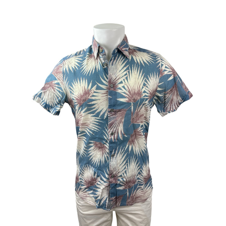 Ted Baker Men's Blue Leaf Hawaiian Short Sleeve Button Down Shirt Top Size M