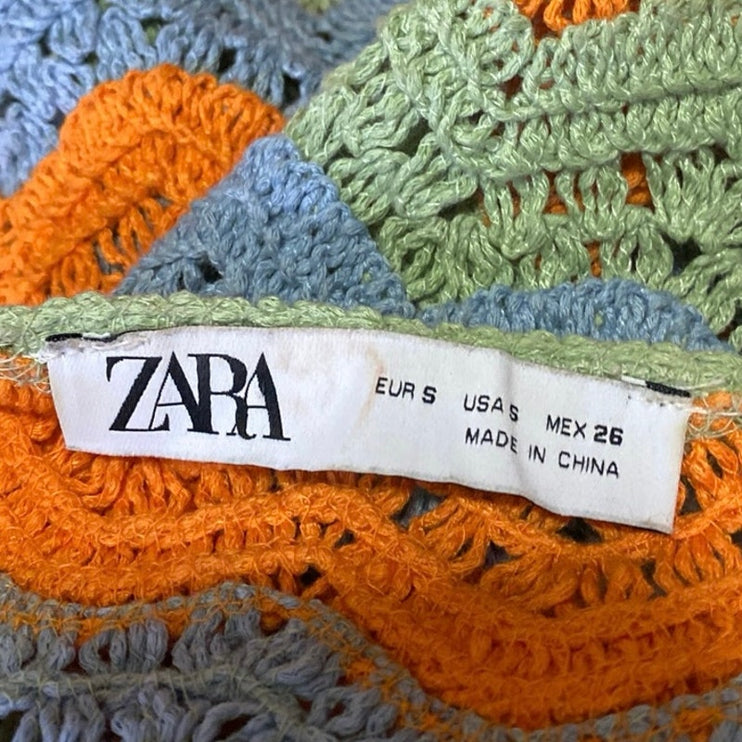 Zara Multicolor Halter Sleeveless Striped Crochet Knit Cutout Mini Dress Size S