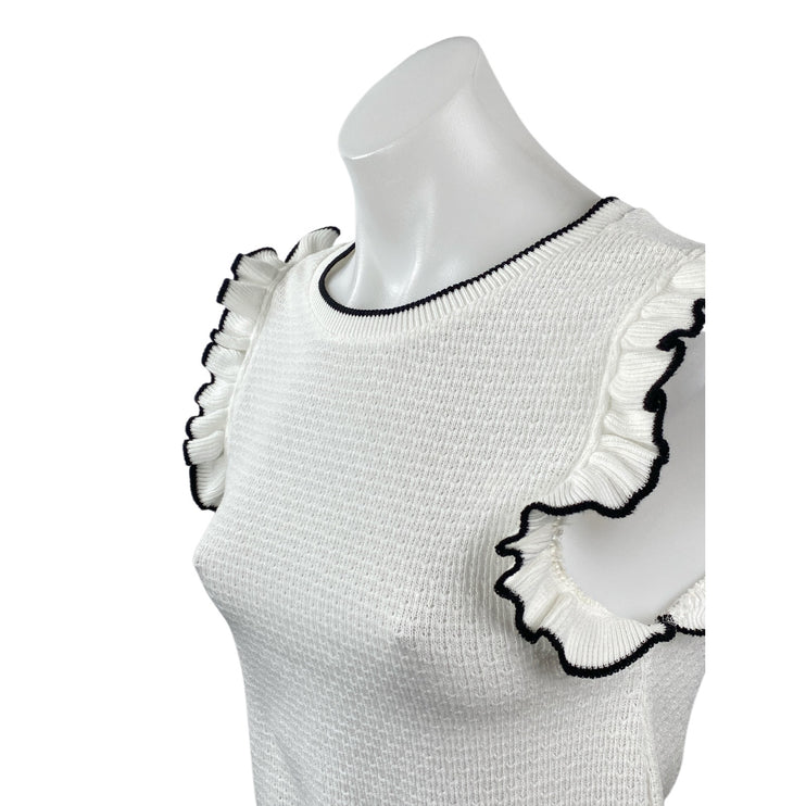 Zara Women's White Black Ruffle Sleeve Knit Round Neck Sweater Blouse Top Size S