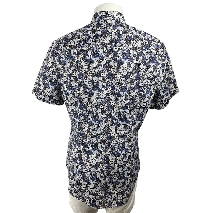 H&M Men's Blue Floral Slim Fit Short Sleeve Casual Button Down Shirt Top Size L