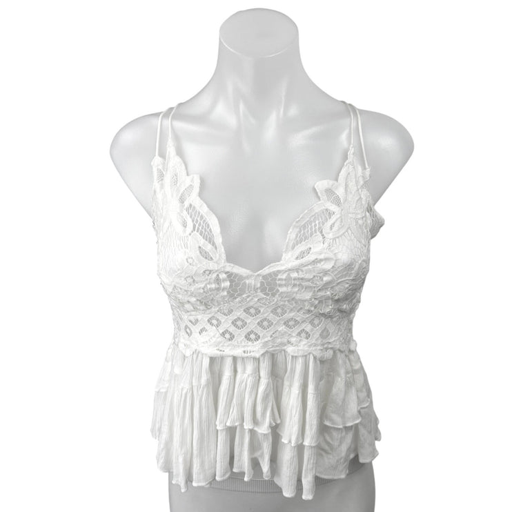 Free People Adella White Lace Peplum Sleeveless Cami Camisole Crop Tank Top L