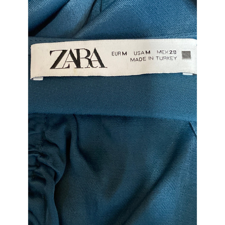 Zara Green Silky Satin Ruched V Neck Long Sleeve Mini Flare A-Line Dress Size M