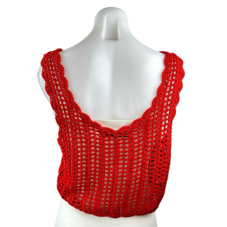 Zara Womens Red Crochet Open Knit Boho Sleeveless Fringe Cropped Tank Top Size S