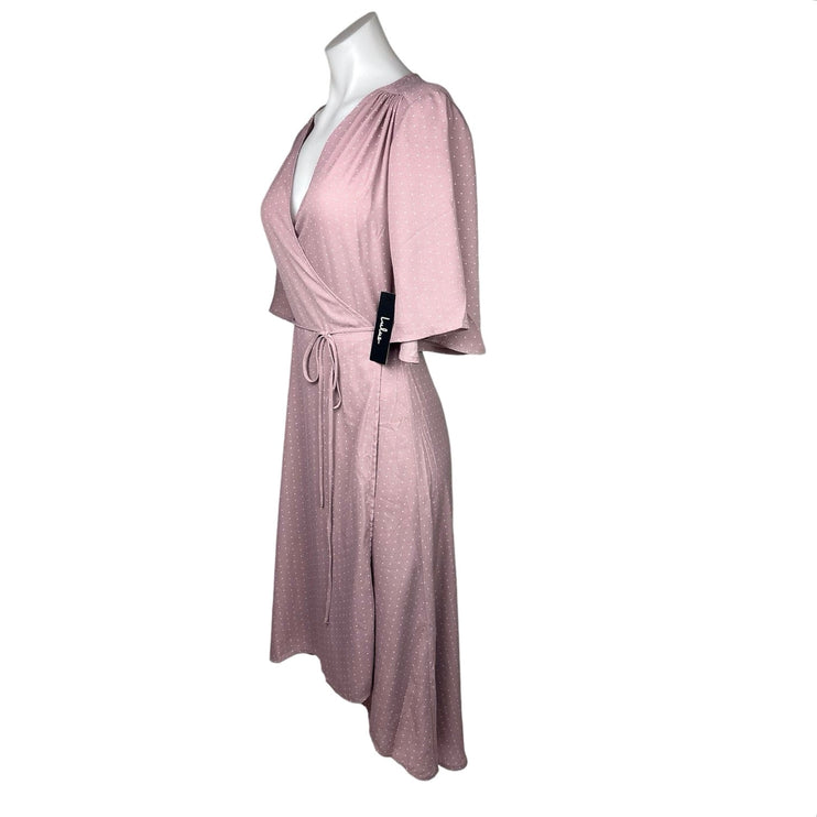 Lulus NWT Farah Pink Mauve V Neck Flowy Tie Flutter Sleeve Midi Wrap Dress Sz M