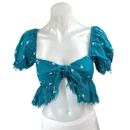 Aeropostale Blue Floral Short Puff Sleeve Frayed Front Tie Slim Crop Top Size XS