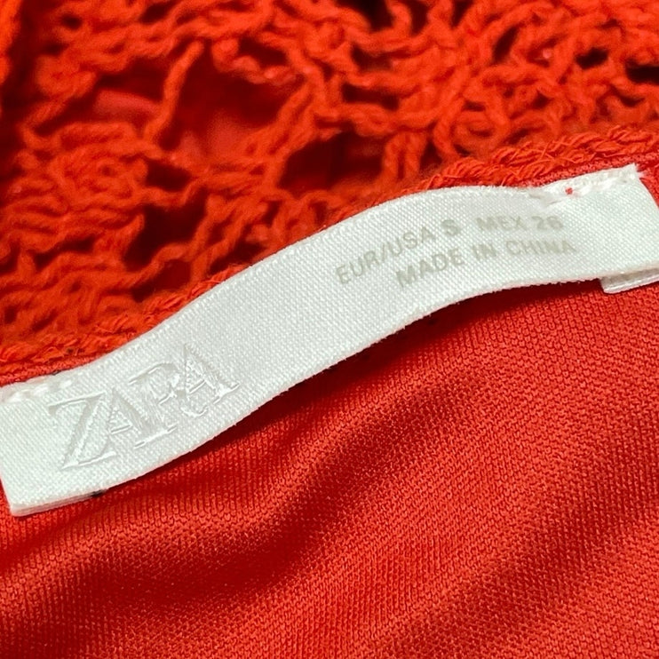 Zara Red Sleeveless Lace Ruffle Open Knit Crochet Peplum Tank A-Line Dress Sz S