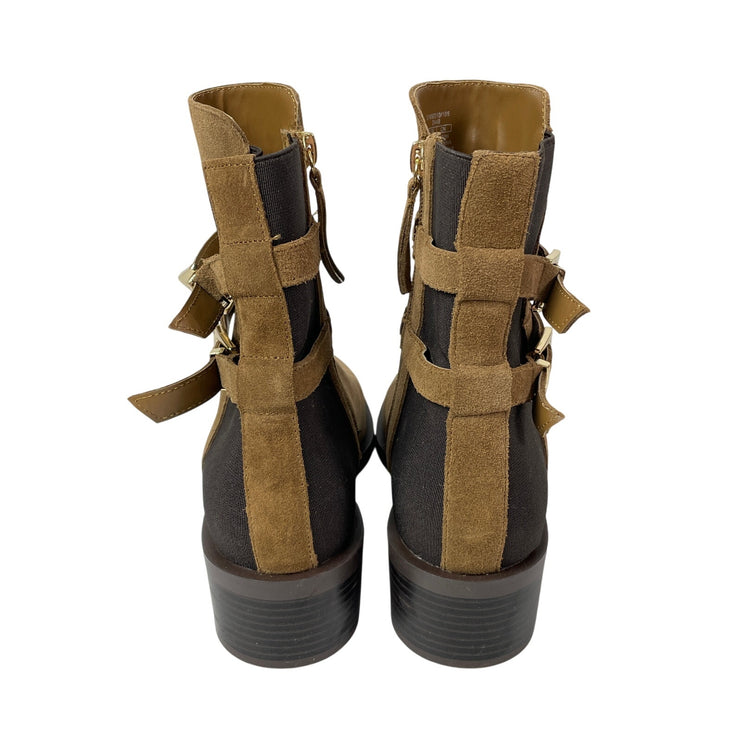Zara Women's Tan Black Colorblock Suede Leather Mid Heeled Buckle Boots Size 8