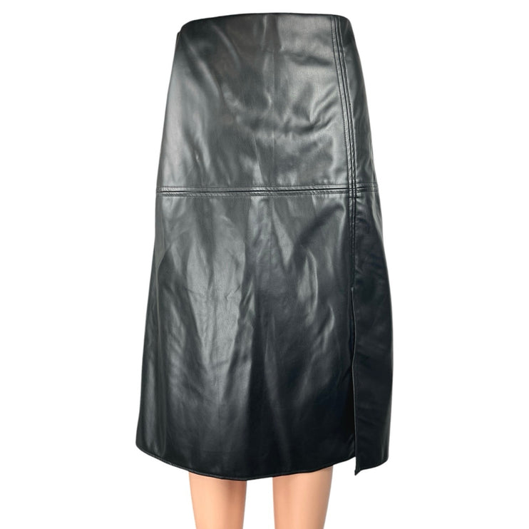 Women's Black Faux Vegan Leather High Waist Zipper A-Line Midi Skirt Size L