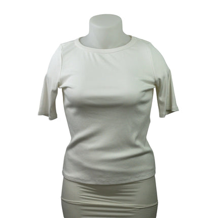 NEW Tahari Women's White Ribbed Knit Short Sleeve Round Neck T Shirt Tee Top L