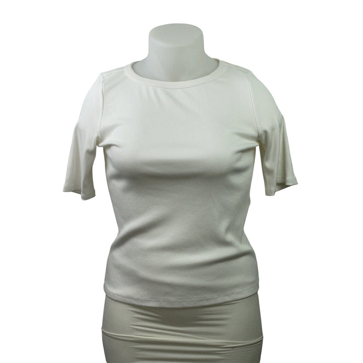 NEW Tahari Women's White Ribbed Knit Short Sleeve Round Neck T Shirt Tee Top L