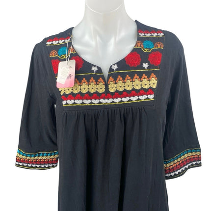 NEW Zecotex Black Floral Embroidered Split Neck Half Sleeve Midi A-Line Dress M