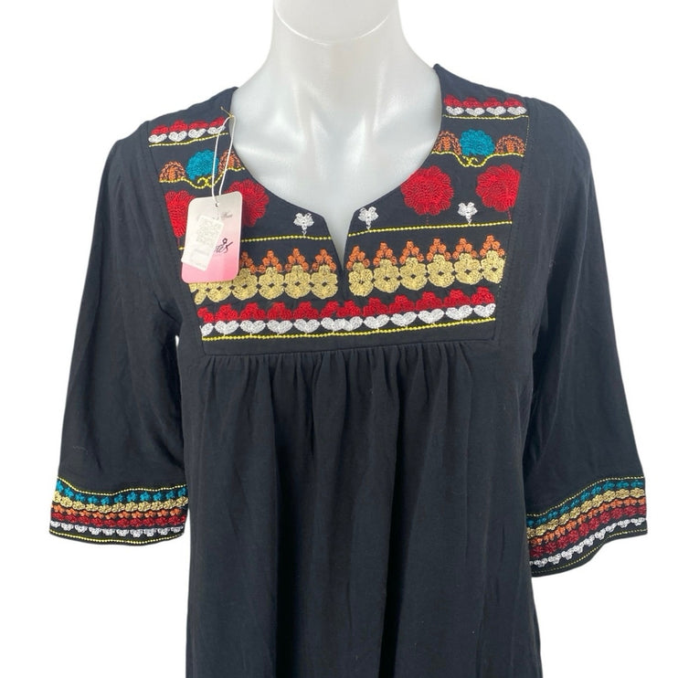 NEW Zecotex Black Floral Embroidered Split Neck Half Sleeve Midi A-Line Dress M