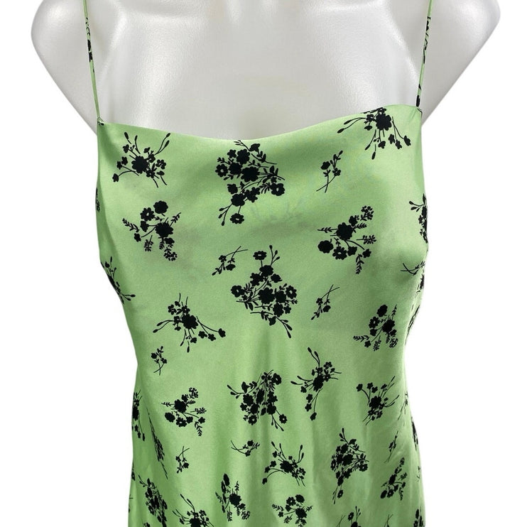 Topshop Green Black Floral Silk Satin Sleeveless Cami Tank Midi Slip Dress Sz 10